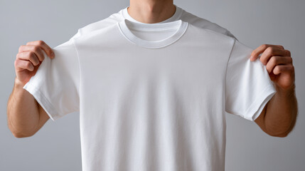 Person holding plain white t-shirt in front, blank apparel mockup for design and branding presentation on neutral background
