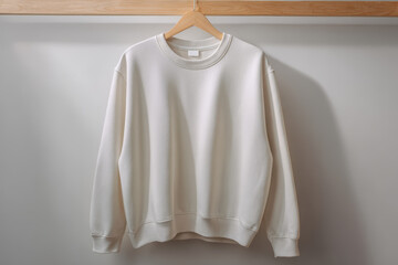 Plain cream sweatshirt on wooden hanger, minimalist casual clothing mockup for branding and fashion design presentation
