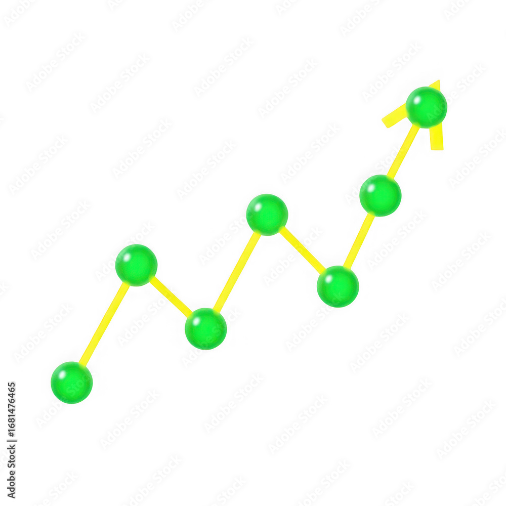 Poster green spheres connected by yellow line graph showing upward trend on black chart data isolated on a 
