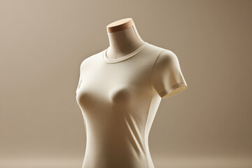 Beige women’s fitted t-shirt on mannequin, minimalist cotton apparel mockup for branding and modern fashion design presentation