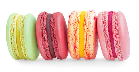 Macarons isolated on white background. French Macaron cakes or macaroons in a row. Macarons cookie.