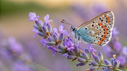 Macro photo shows blue butterfly rests on purple lavender. Suitable for branding, floral poster, nature presentation.