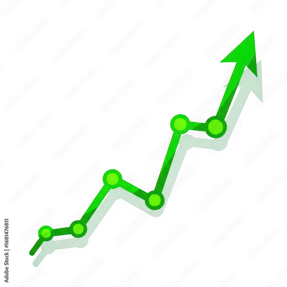 Poster green line graph with circular data points showing upward trend on black background chart isolated o