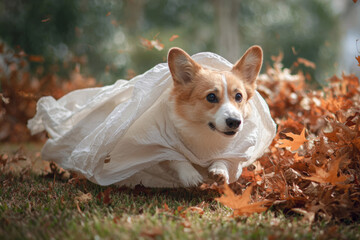 Cute corgi dog wearing ghost costume running through autumn leaves, funny Halloween pet outfit
