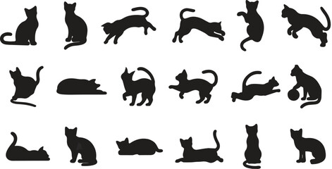 Silhouette collection of playful cat poses, sitting, jumping, running, stretching, sleeping, isolated vector animal illustrations