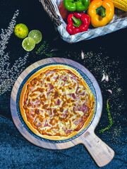 Bacon cheese pizza with melted cheese topping, delicious and savory.