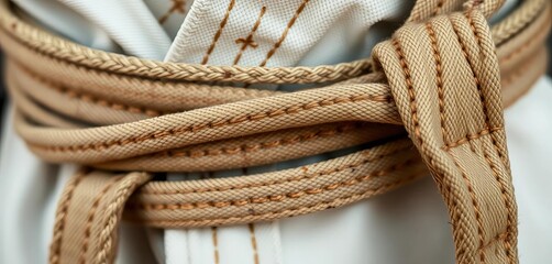 Close-up of a worn martial arts belt, showing stitching and fabric texture,  practice,  judo