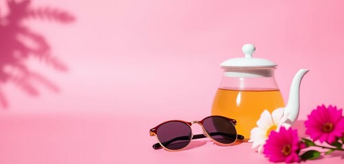 Pink background, minimalist teapot & sunglasses, summer vibe, pink, aesthetic