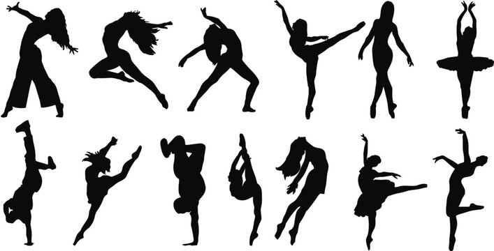 Silhouette dancers performing artistic movements, contemporary dance poses, ballet figures, graceful body motion, expressive choreography illustration