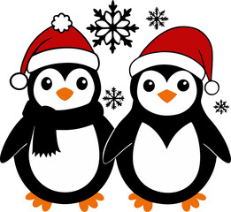 Naklejka premium Cute penguins in Christmas hats with snowflakes silhouette vector black , white background