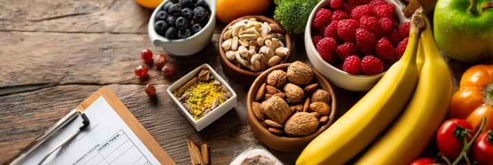 Fresh fruits, nuts, and healthy snacks arranged on a wooden table, symbolizing nutrition, wellness, and the joy of healthy eating, perfect for food lovers and lifestyle enthusiasts.