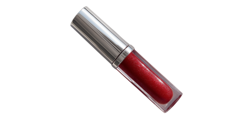 a red lip gloss in a glass bottle with a silver cap, against a white background, 