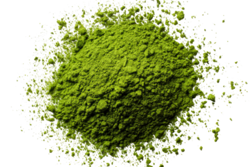 Green powder, scattered, circular mound.  A vibrant,  slightly unevenly textured mound of bright,  deep green powder,  spilling out in a circular,  scattered pattern against a black background