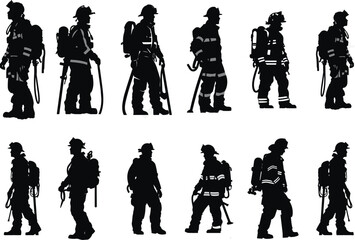Silhouette firefighter team standing with equipment, emergency workers in protective gear, fire safety heroes illustration vector