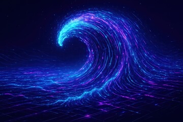 Futuristic glowing wave background with neon light trails and digital gridscape