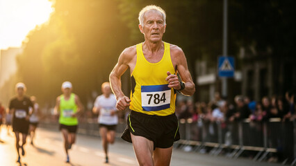 Elderly marathon runner in yellow tank top number 784, focused senior athlete competing in a road race at sunrise with blurred competitors behind, active healthy lifestyle fitness concept