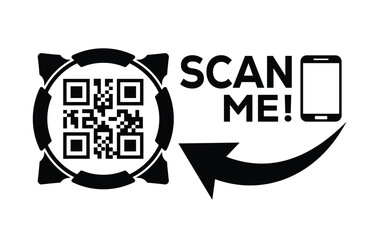 Minimalist black QR code graphic with frame, bold “SCAN ME!” text, smartphone outline, and curved arrow on white background. Clean, modern, digital design for tech or marketing use.