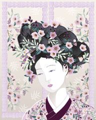 Elegant Korean Lady in Hanbok with Summer Blossoms Vector Illustration 	