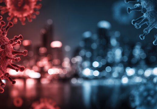 High quality photo of abstract representation of viral particles and dna strands in a cityscape. - Powered by Adobe
