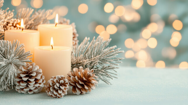 Lit candles with snow covered pine cones and branches creating a warm holiday ambience against a festive bokeh background