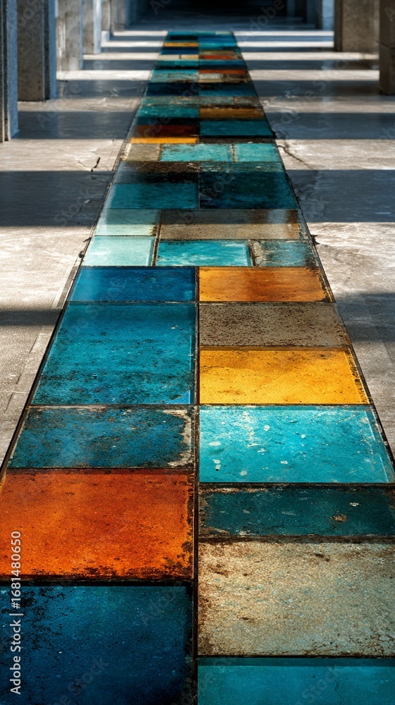 Poster vibrant path formed by colorful tiles creates an artistic perspective in this architectural composit