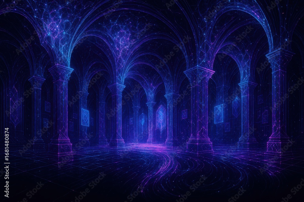 Aufkleber mystical architectural space with arches and columns illuminated with neon light