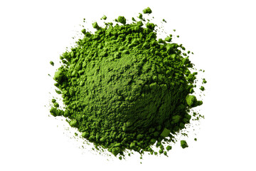 A vibrant, bright green pile of powdered substance, likely matcha, sits centered against a pure black background.  It's a slightly irregular, mound-like shape, densely packed