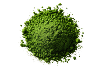A vibrant, bright green pile of powdered substance, likely matcha, sits centered against a pure black background.  It's a slightly irregular, mound-like shape, densely packed