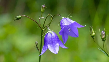 Two delicate purple bell-shaped flowers bloom on a slender stem against a soft green backdrop