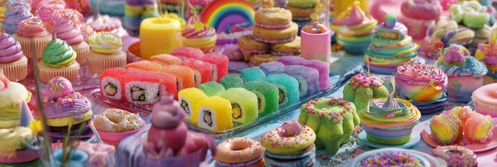 Colorful desserts, including cupcakes, sushi-inspired sweets, and vibrant candies, create a whimsical candyland that delights the senses with its sugary charm and rainbow hues.