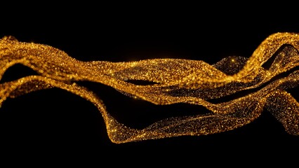 3d render illustration of gold glitter and sparkling confetti. Shiny, glowing golden dust particles on dark background.