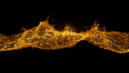Fototapeta premium 3d render illustration of shiny abstract gold glitter wave on black background. Sparkling, luxurious swirl of particles.