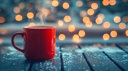 Cozy winter morning scene with steaming red mug on frosty wooden surface, soft golden bokeh lights creating warm atmospheric background