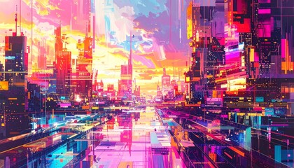 Futuristic Glitch Art with Broken Pixel Patterns and Vibrant Light Effects