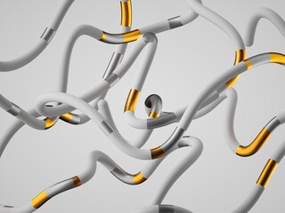 Modern abstract sculpture made of soft white plastic tubes with golden and silver inserts. 3d rendering illustration.