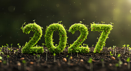 Sprout plants forming number 2027 growing from soil macro photo