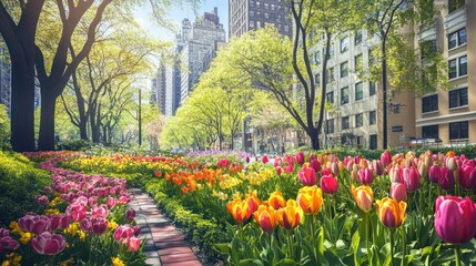 Urban Oasis: A Blooming City Park Showcasing Springtime's Vibrant Floral Displays