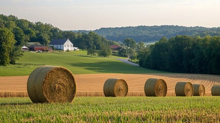 Scenic tuscan countryside with hay bales and rustic farmhouses in italy