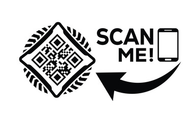 Minimalist black QR code graphic with frame, bold “SCAN ME!” text, smartphone outline, and curved arrow on white background. Clean, modern, digital design for tech or marketing use.