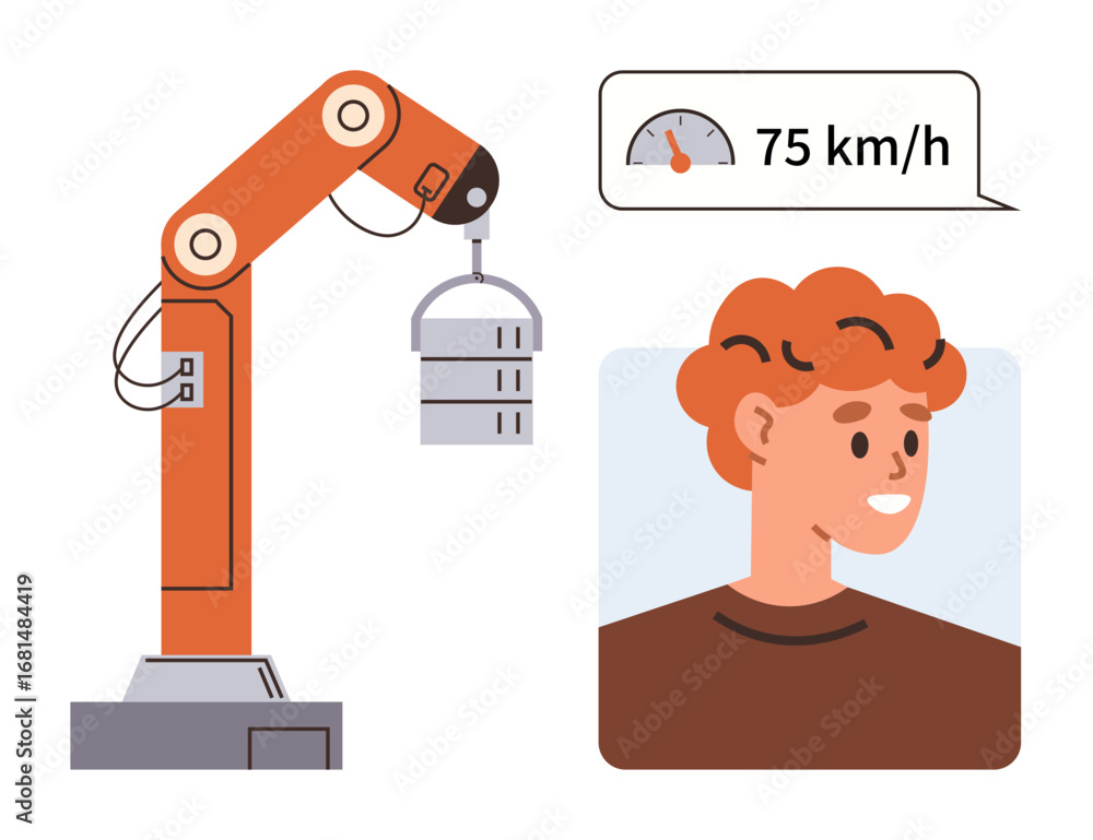 Poster industrial robotic arm lifting a load alongside a smiling person and speed indicator. ideal for auto