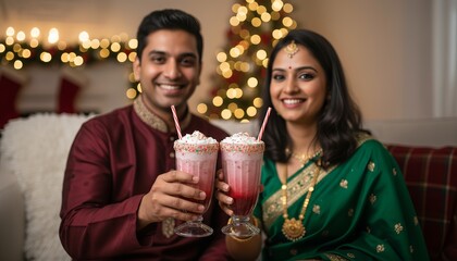 Smiling couple celebrating Christmas with milkshakes in festive setting