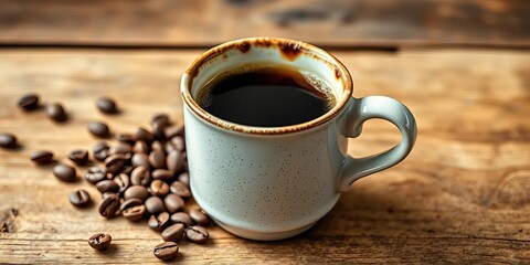 Rustic ceramic coffee cup, fresh brew, wood surface, scattered beans,  texture,  flat lay