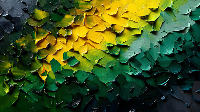 An abstract acrylic work featuring sharp gradients fom dark green to vibrant yllow, creating an energeti and dynamic textured surfce.