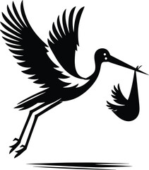 Silhouette stork carrying baby, flying bird illustration, newborn delivery symbol, maternity concept design, parenthood celebration art, black white vector icon