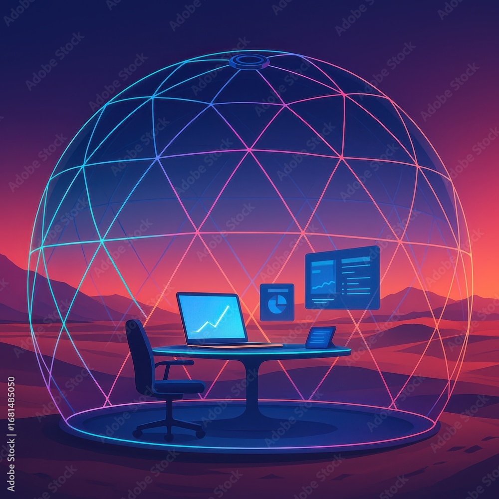 Poster futuristic workspace dome showcasing data analytics in a remote desert landscape setting