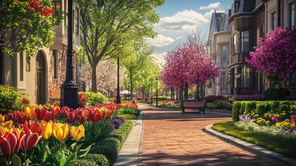 Picturesque city lane adorned with vibrant flowers, lush greenery, and charming architecture
