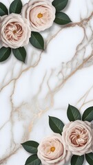 Delicate pale pink roses with dark green leaves artfully arranged on a luxurious white and gold marble background