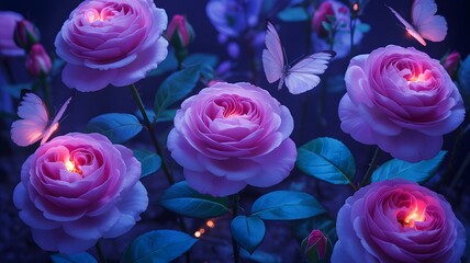 Enchanting close up of luminous purple roses with delicate butterflies fluttering in a magical twilight garden setting