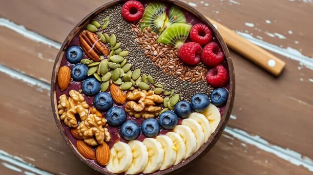 Bright fruit bowl on a rustic surface, showcasing colorful toppings in organized sections