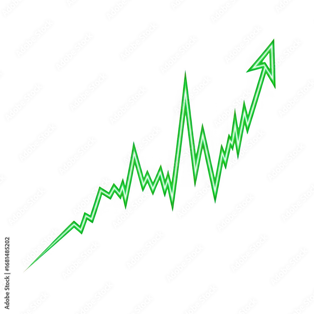 Poster neon green jagged line graph showing upward trend and growth on black background chart isolated on a